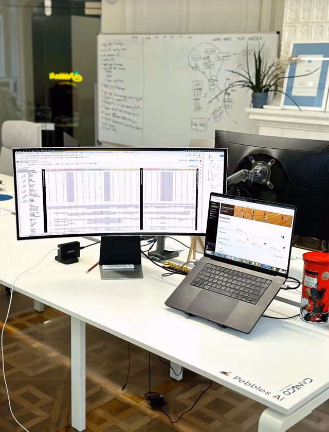 Engineering desk with two monitors and a laptop