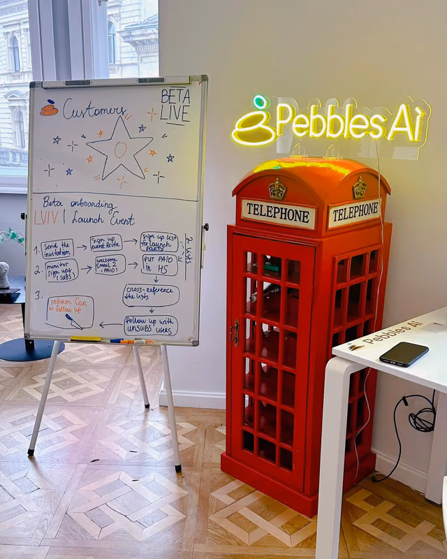 Launch planning whiteboard beside the office telephone box
