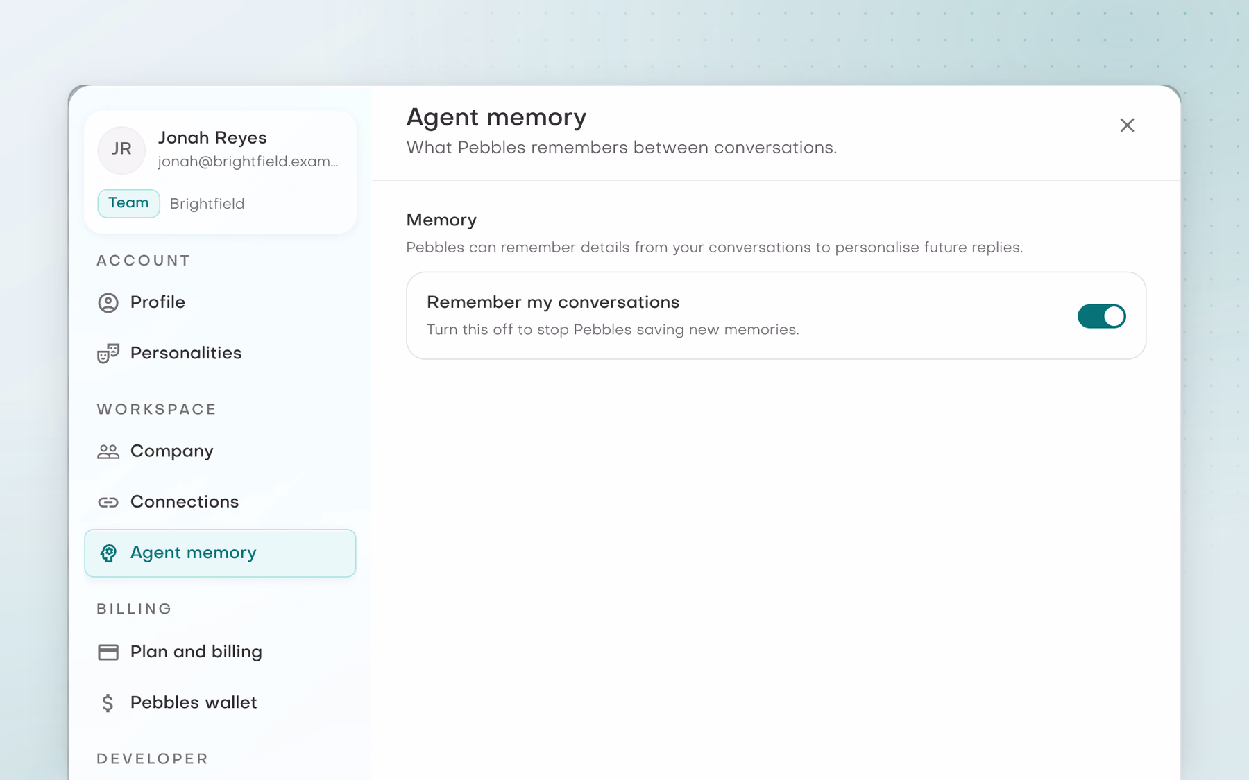Settings, Agent memory: 'What Pebbles remembers between conversations', with the Remember my conversations switch turned on and the note 'Turn this off to stop Pebbles saving new memories.'