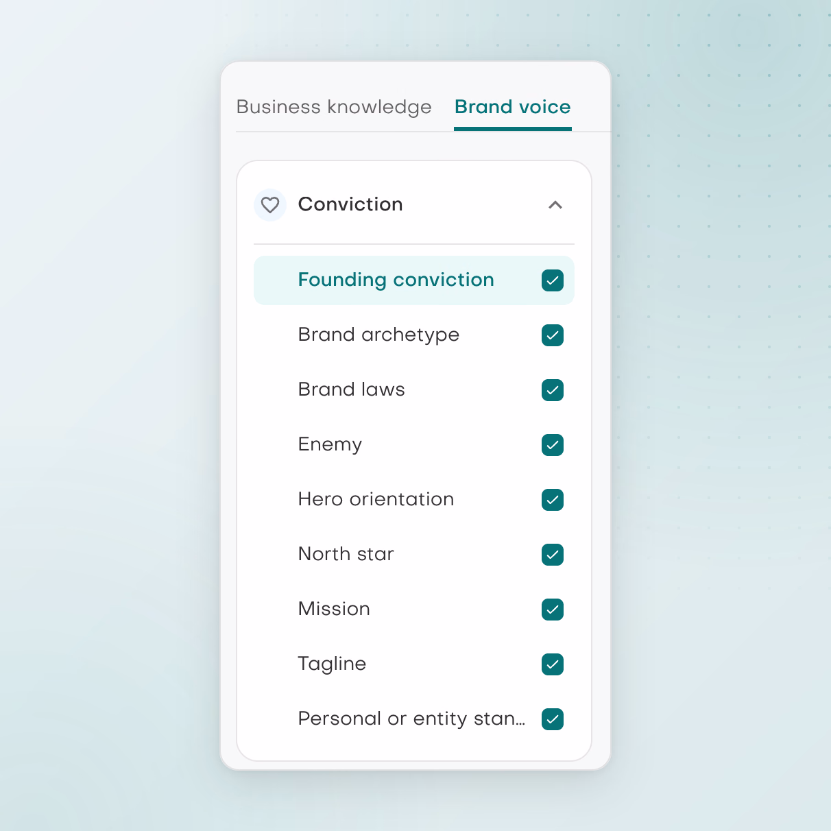 Brand voice tab with the Conviction checklist: nine sections, from Founding conviction to Personal or entity stance, each marked complete.
