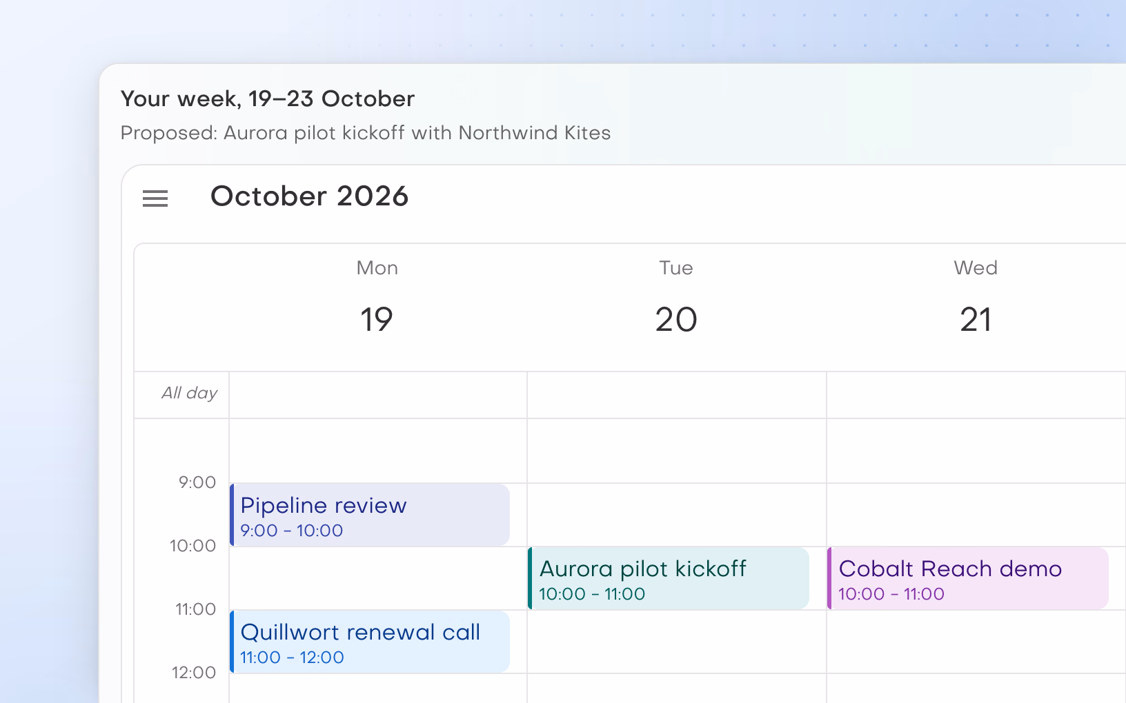 Jonah Reyes's calendar for 19 to 21 October, with the Aurora pilot kickoff with Northwind Kites placed on Tuesday from 10:00 to 11:00, clear of Monday's pipeline review and Wednesday's Cobalt Reach demo.