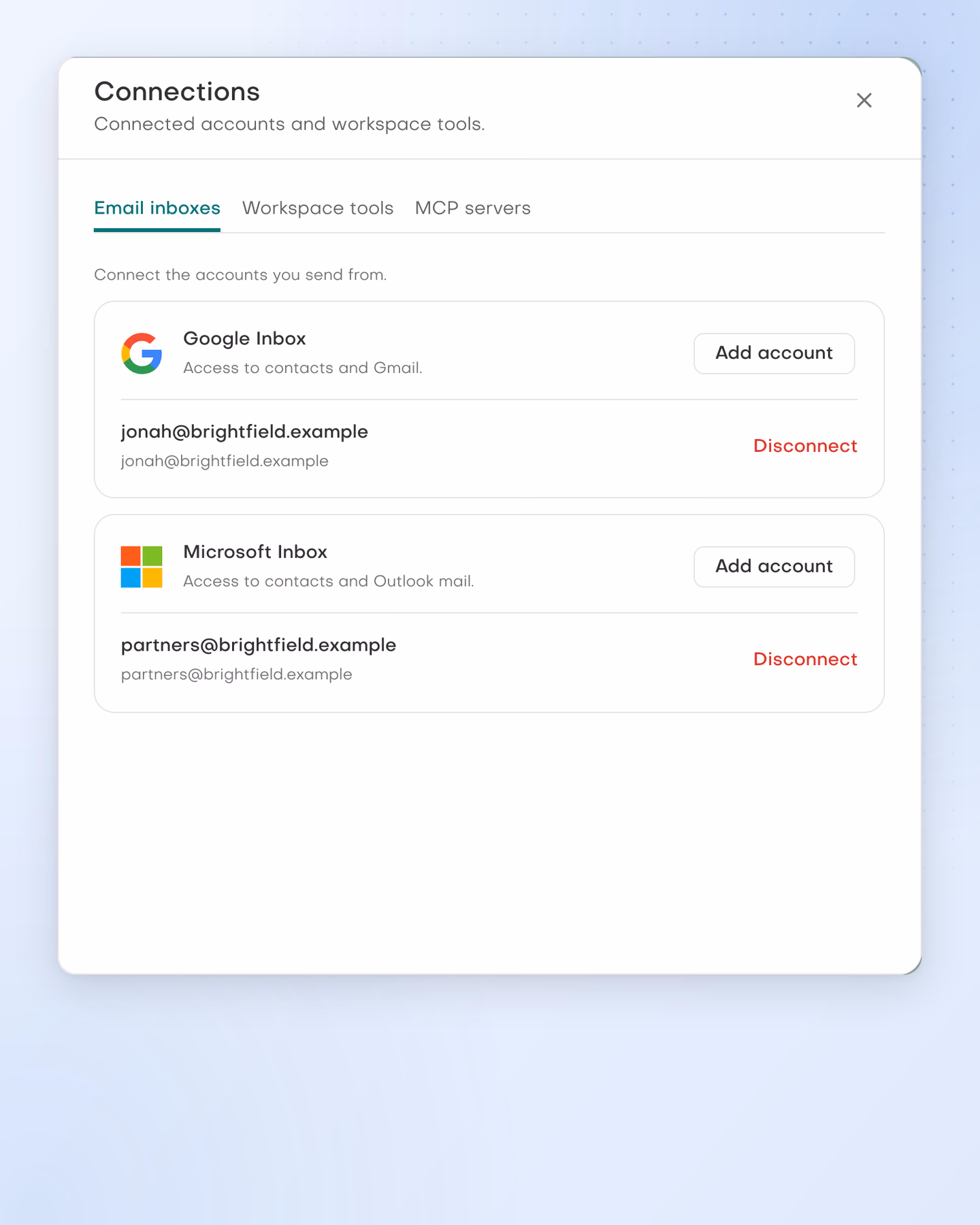 The Email inboxes tab with a connected Google Inbox and a connected Microsoft Inbox for Outlook mail.
