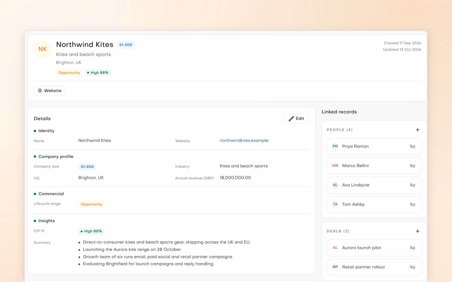 Northwind Kites company record: a Brighton kites brand at Opportunity stage with 88% ICP fit, its company details and insight summary, beside linked people and deals.