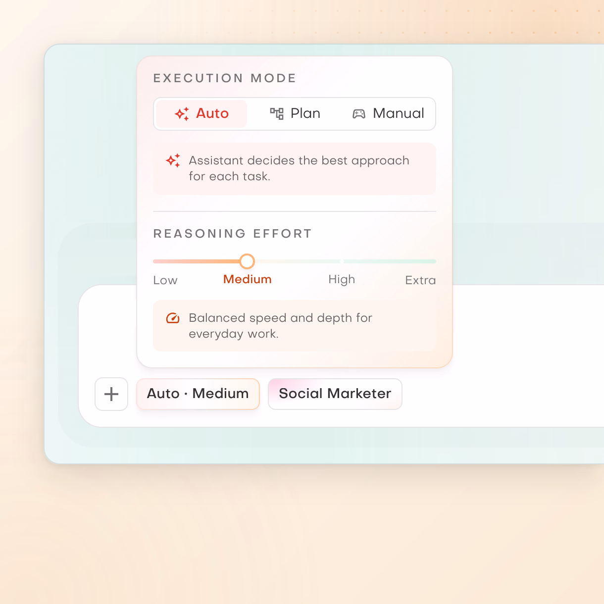 Execution panel with Auto mode and Medium reasoning effort selected, above the composer chips for Auto, Medium and the Social Marketer personality.