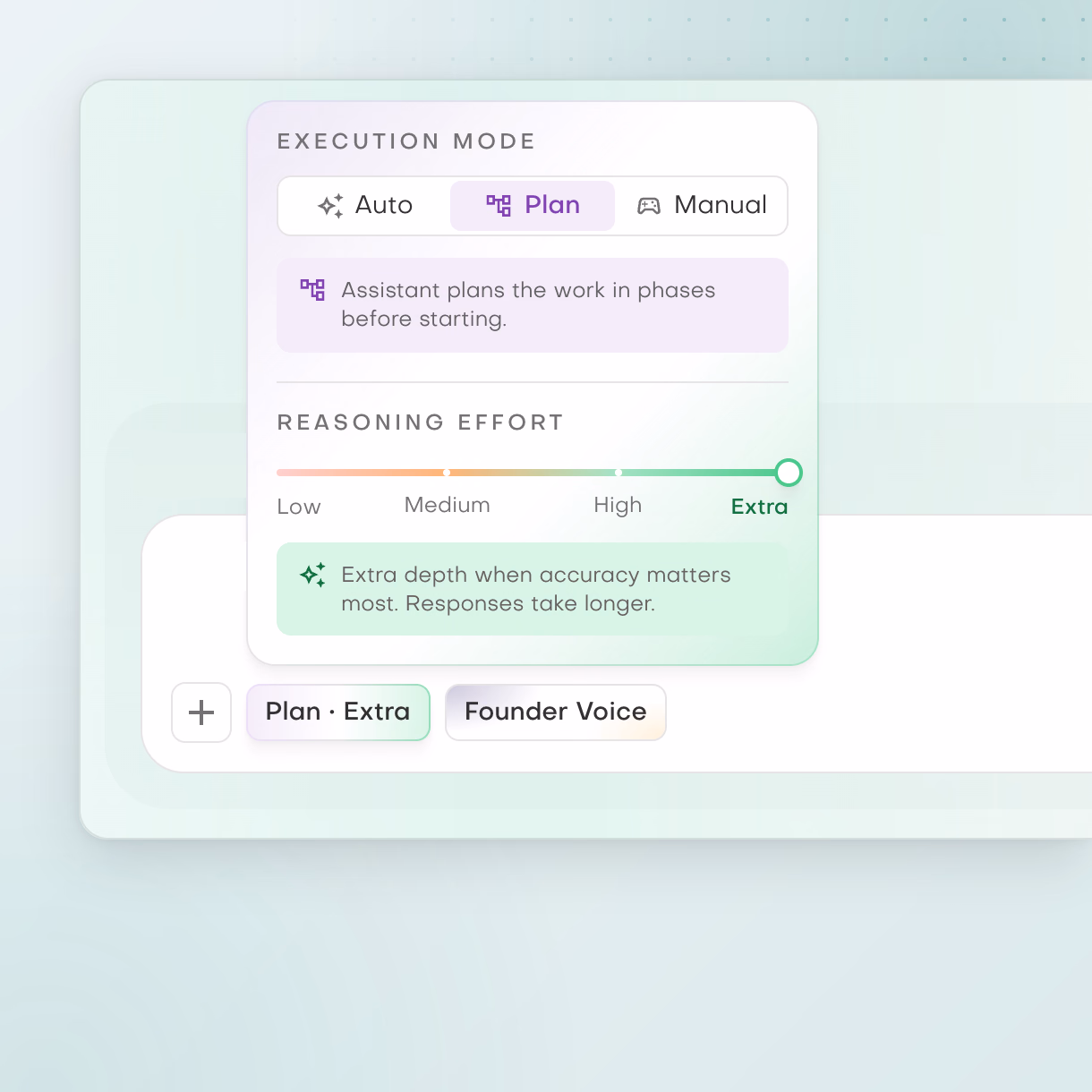 Execution panel with Plan mode and Extra reasoning effort selected, above the composer chips for Plan, Extra and the Founder Voice personality.