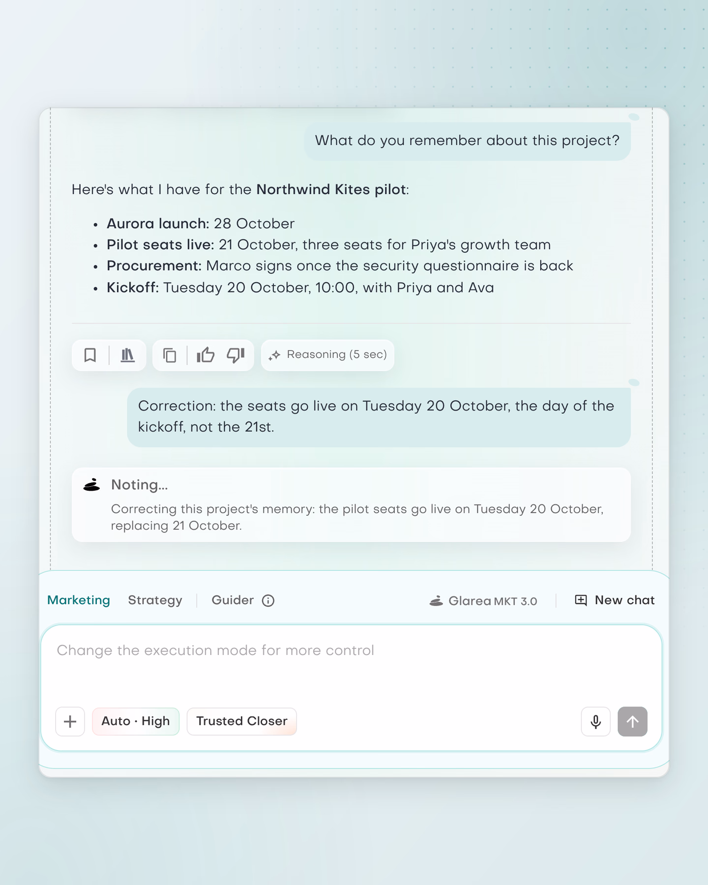Below the remembered pilot details, a correction moves the seat date to Tuesday 20 October and the Noting widget confirms the project memory now replaces 21 October.