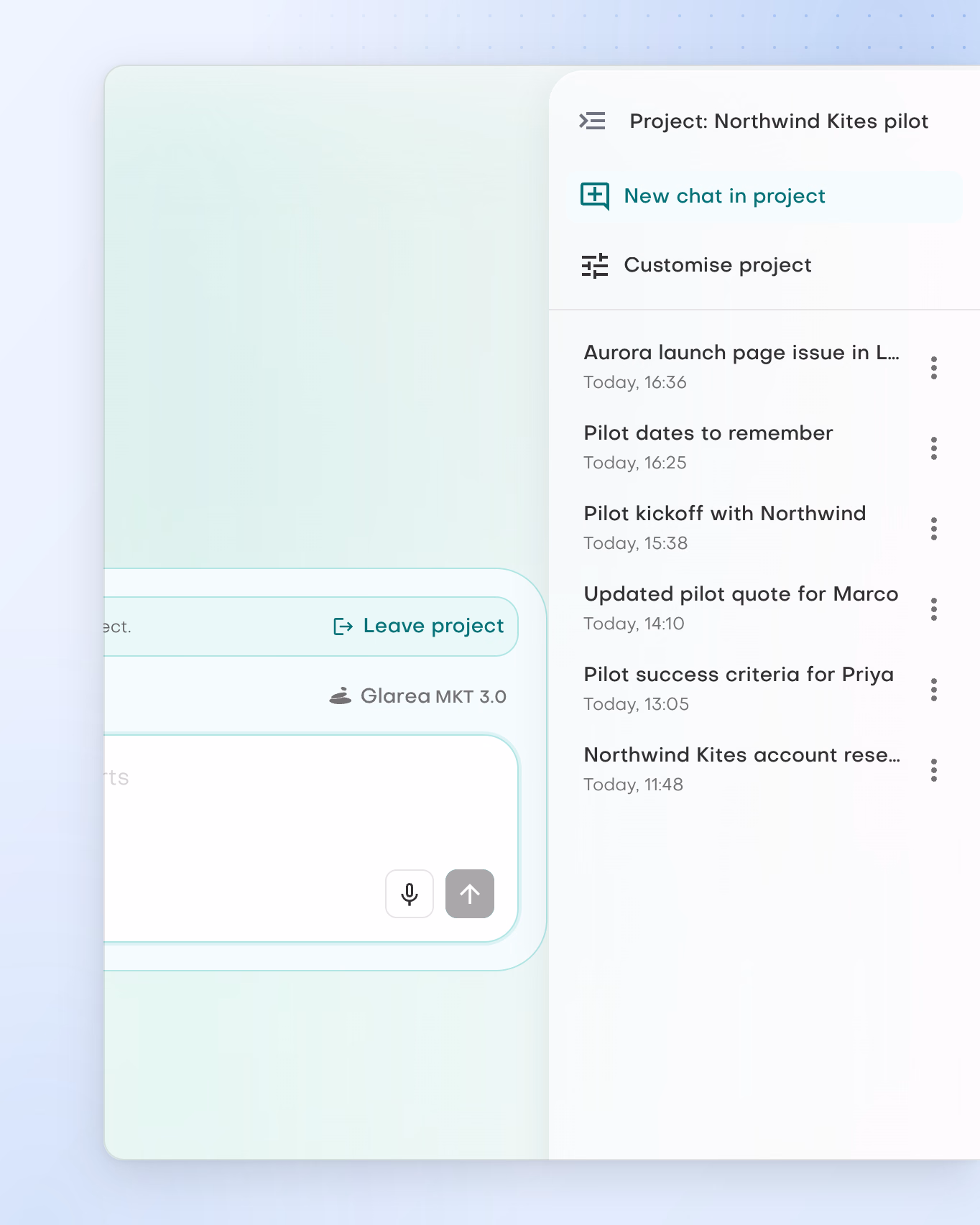 The Northwind Kites pilot project panel with New chat in project and six filed chats, including Pilot dates to remember and Updated pilot quote for Marco.