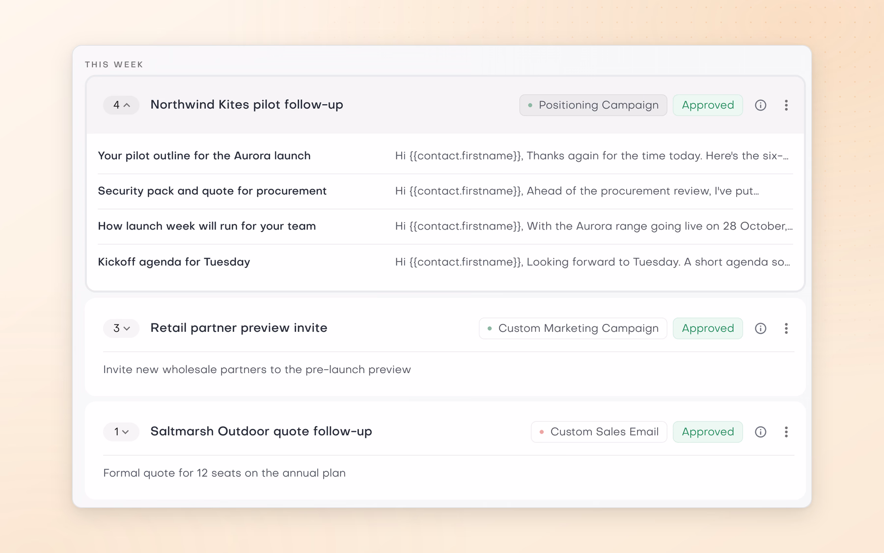 This week in the approved Email Outbound library: the Northwind Kites pilot follow-up expanded to its four emails, from the Aurora pilot outline to the Tuesday kickoff agenda, above Retail partner preview invite and Saltmarsh Outdoor quote follow-up, all marked Approved.