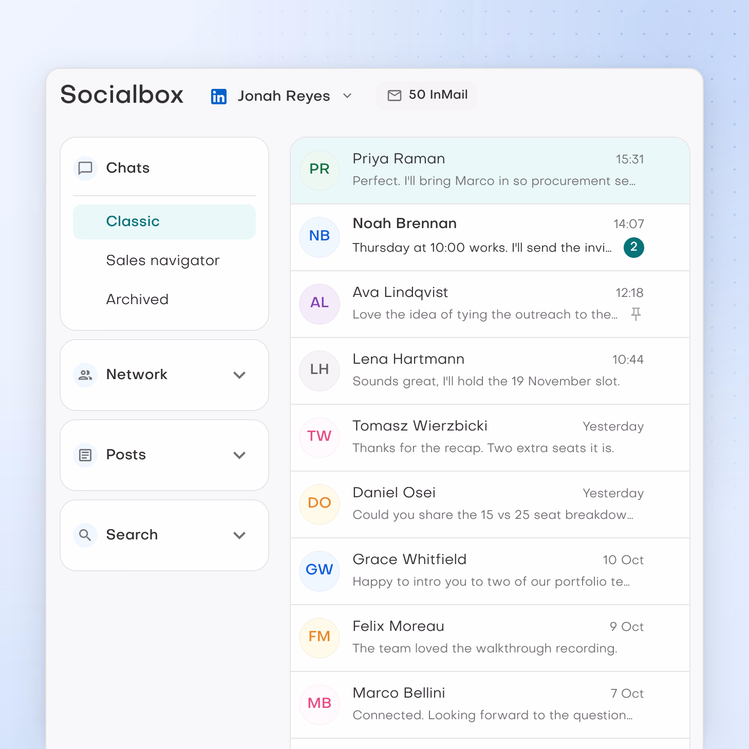 Socialbox for a LinkedIn account with 50 InMail credits: Chats, Network, Posts and Search sections beside Jonah Reyes's chat list.